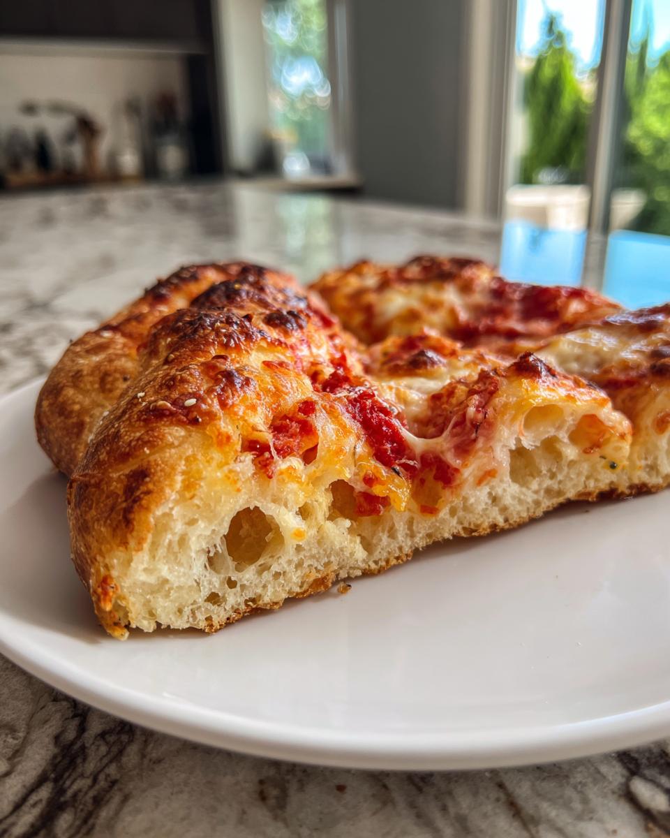 Close-up of a slice of homemade pizza showing the thick, airy crust texture and melted cheese.