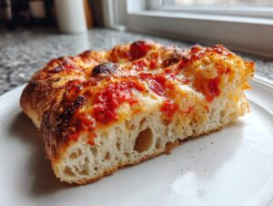 Close-up of a thick slice of homemade pizza showing the airy, bubbly crust and melted cheese.
