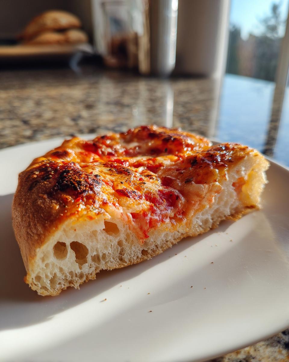 Close-up of a slice of homemade pizza showing the airy, bubbly interior structure of the crust.