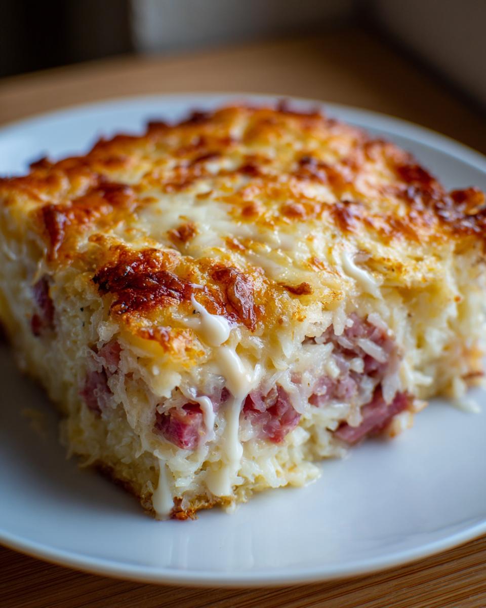 A close-up of a square slice of homemade Reuben bake showing corned beef, hash browns, and melted Swiss cheese.