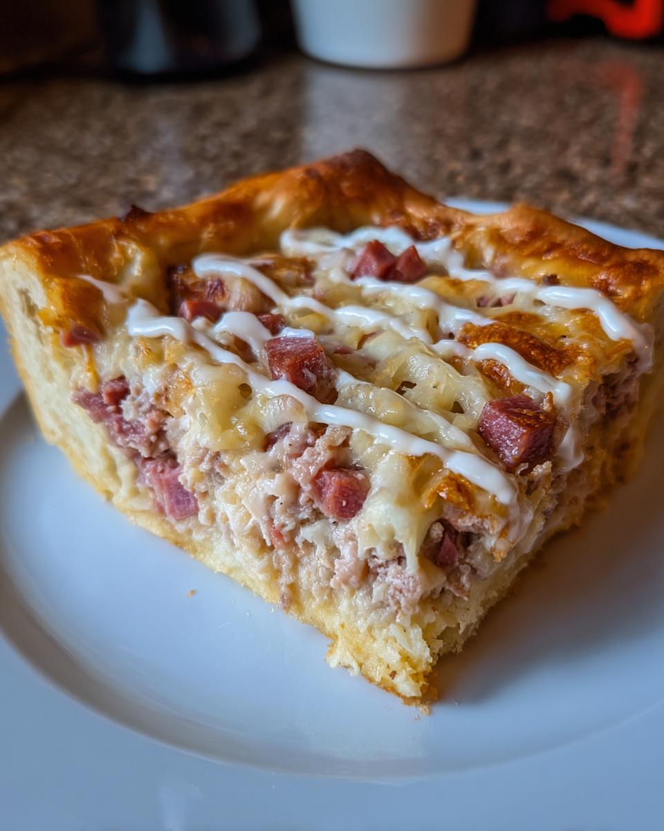 A square slice of homemade Reuben bake with a golden crust, cheesy filling, and a drizzle of white sauce.