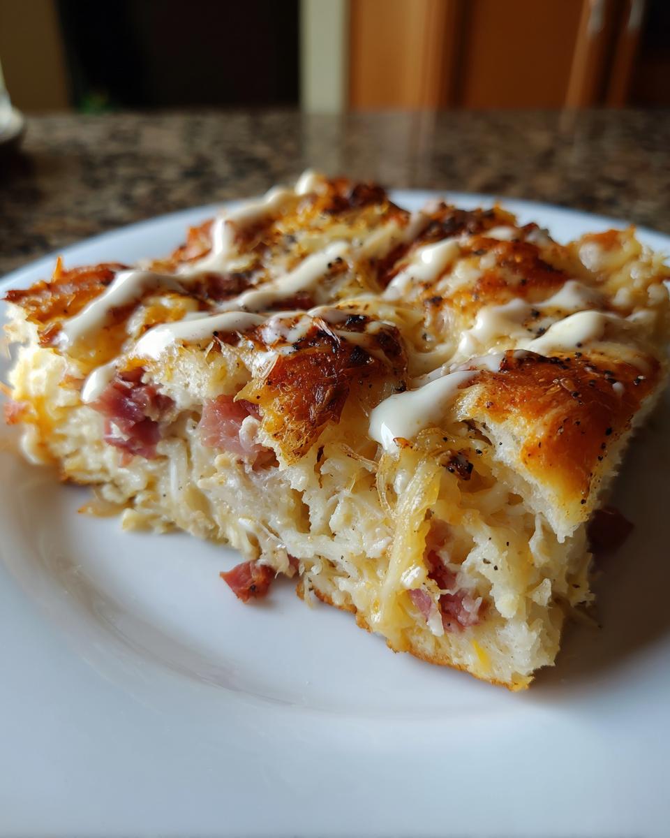 A close-up of a slice of homemade Reuben bake showing layers of corned beef, sauerkraut, and cheese, drizzled with dressing.