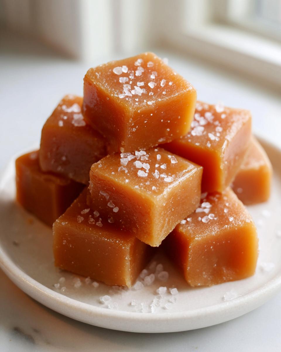 A stack of rich, square, buttery caramels topped with flaky sea salt, ready to eat.
