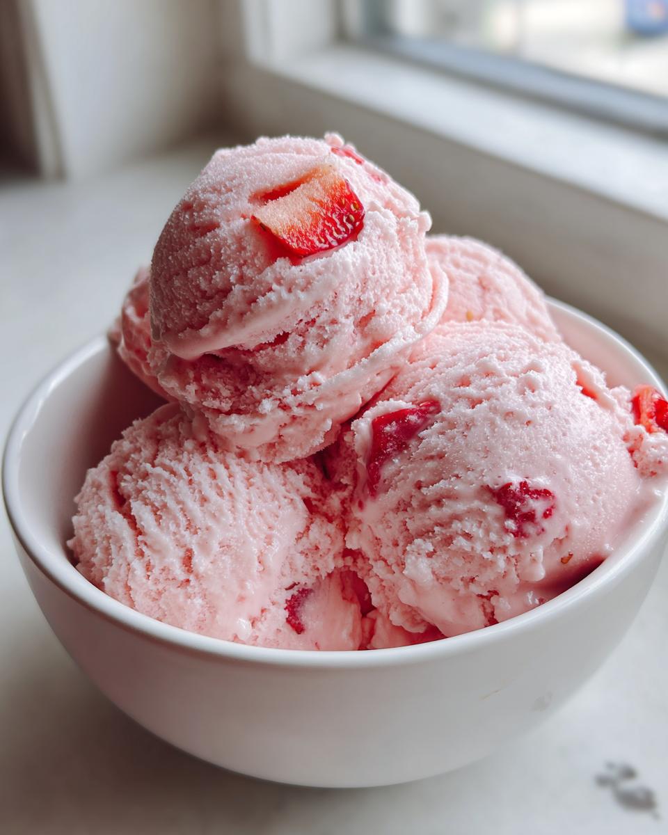 Close-up of several scoops of pink strawberry ice cream with visible fruit pieces in a white bowl.