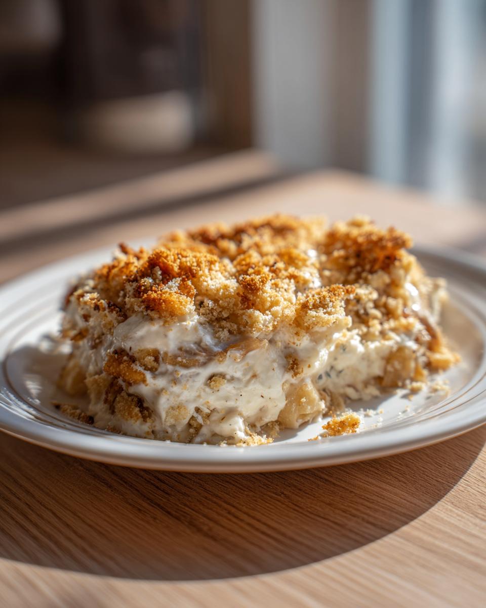 A close-up of a serving of hot chicken salad baked casserole topped with a crunchy, golden brown crumb topping.