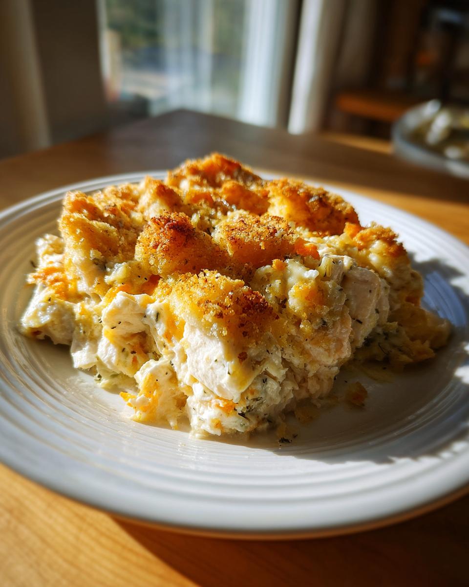 A scoop of creamy hot chicken salad topped with a golden, crunchy breadcrumb topping on a white plate.