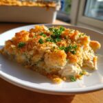 A close-up serving of hot chicken salad casserole with a golden, crispy breadcrumb topping and fresh parsley.