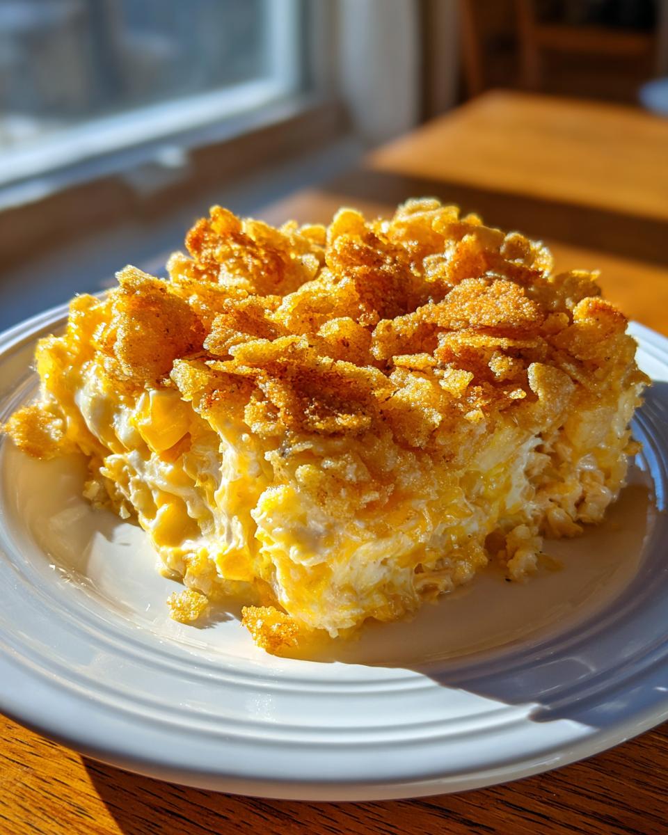 A square serving of creamy hot chicken salad topped with a golden, crunchy cornflake crust.