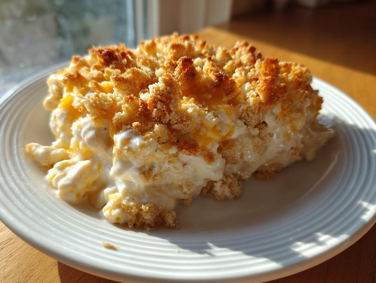 A generous serving of creamy hot chicken salad topped with a golden, crunchy crumb topping on a white plate.