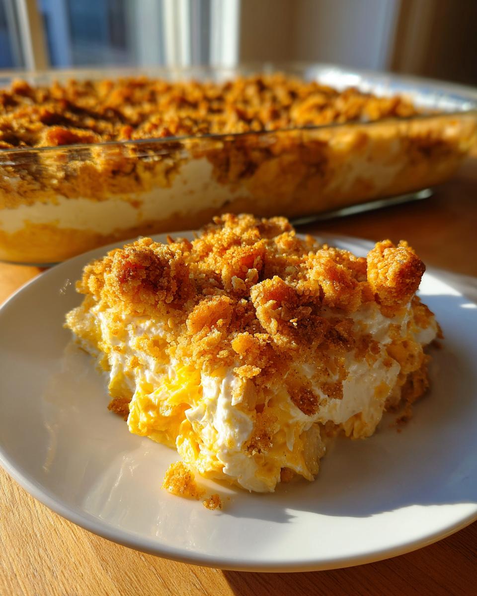A serving of hot chicken salad casserole, featuring creamy filling and a crunchy golden topping, on a white plate.