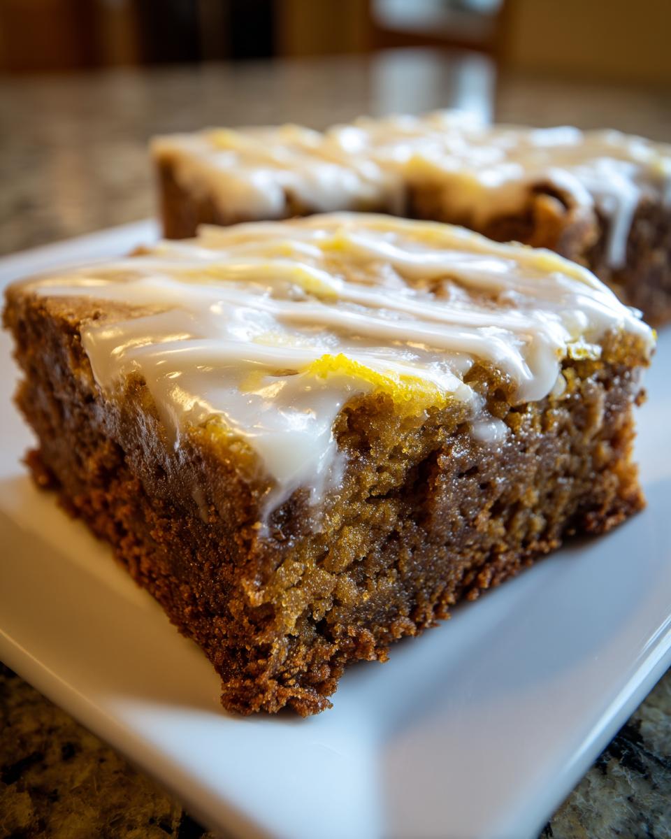 A close-up shot of a rich, dense lemon brownies square topped with white lemon glaze.