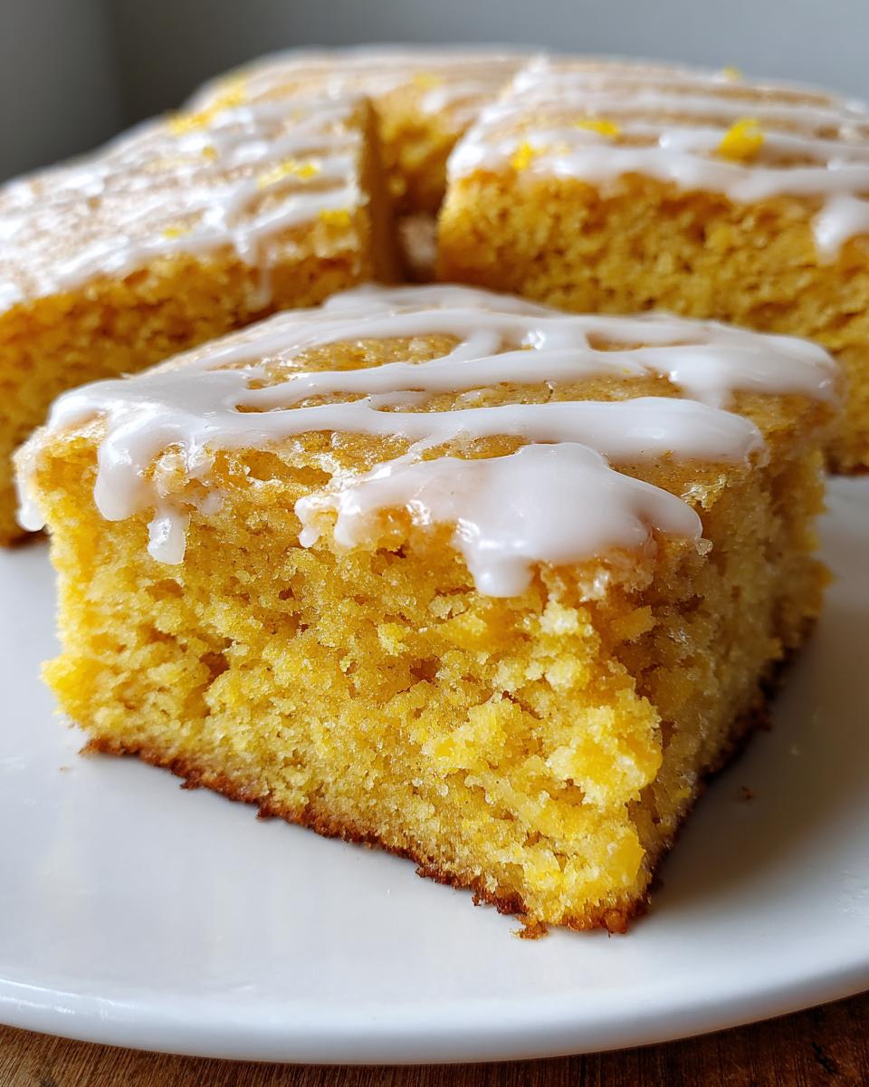 A close-up of a square piece of bright yellow lemon brownies topped with a white glaze drizzle.
