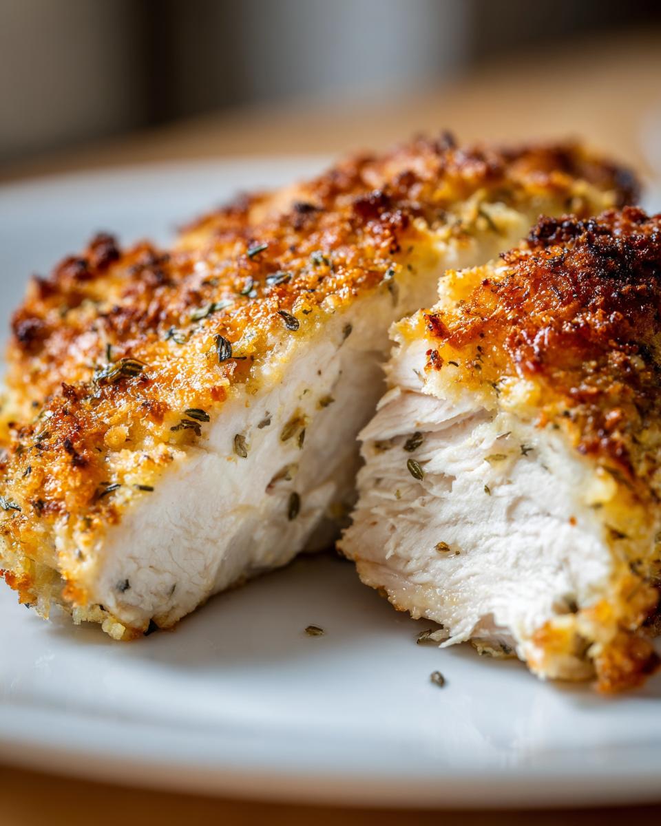 Close-up of juicy baked ranch chicken breast cut open, showing white meat and crispy seasoned crust.