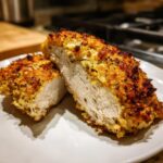 Close-up of juicy baked ranch chicken breast, cut to show moist white meat and crispy seasoned crust.