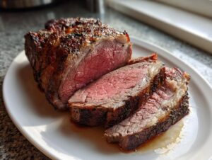 Close-up of a perfectly cooked standing rib roast, sliced to show a medium-rare interior and herb-crusted exterior.