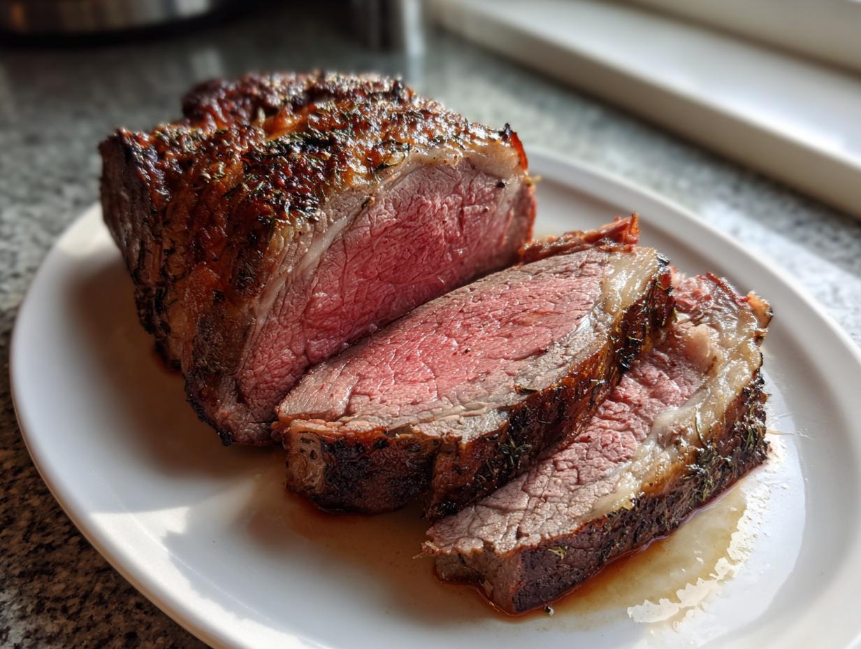 Close-up of a perfectly cooked standing rib roast, sliced to show a medium-rare interior and herb-crusted exterior.