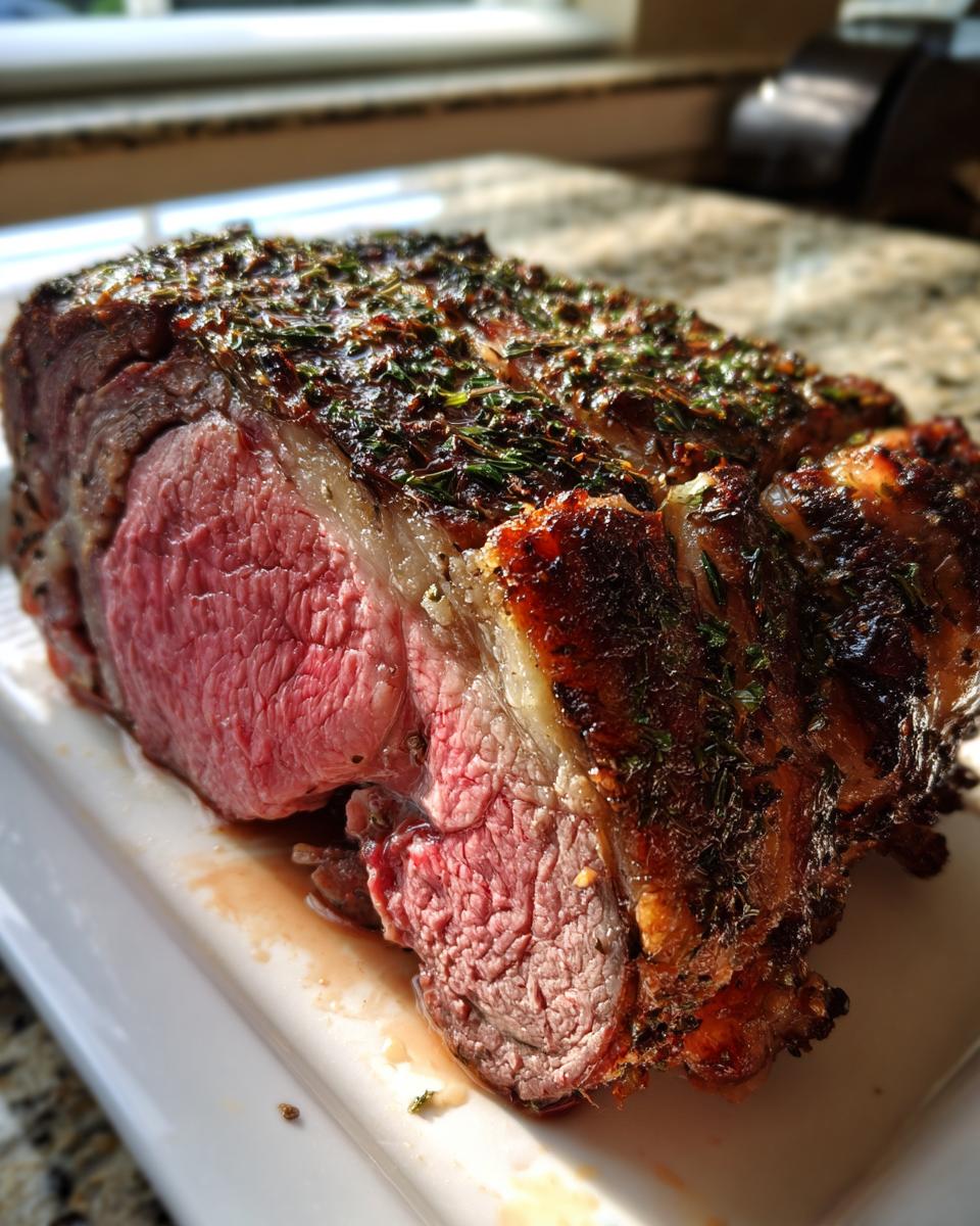 Close-up of a juicy standing rib roast, perfectly cooked medium-rare with a dark, herbed crust.