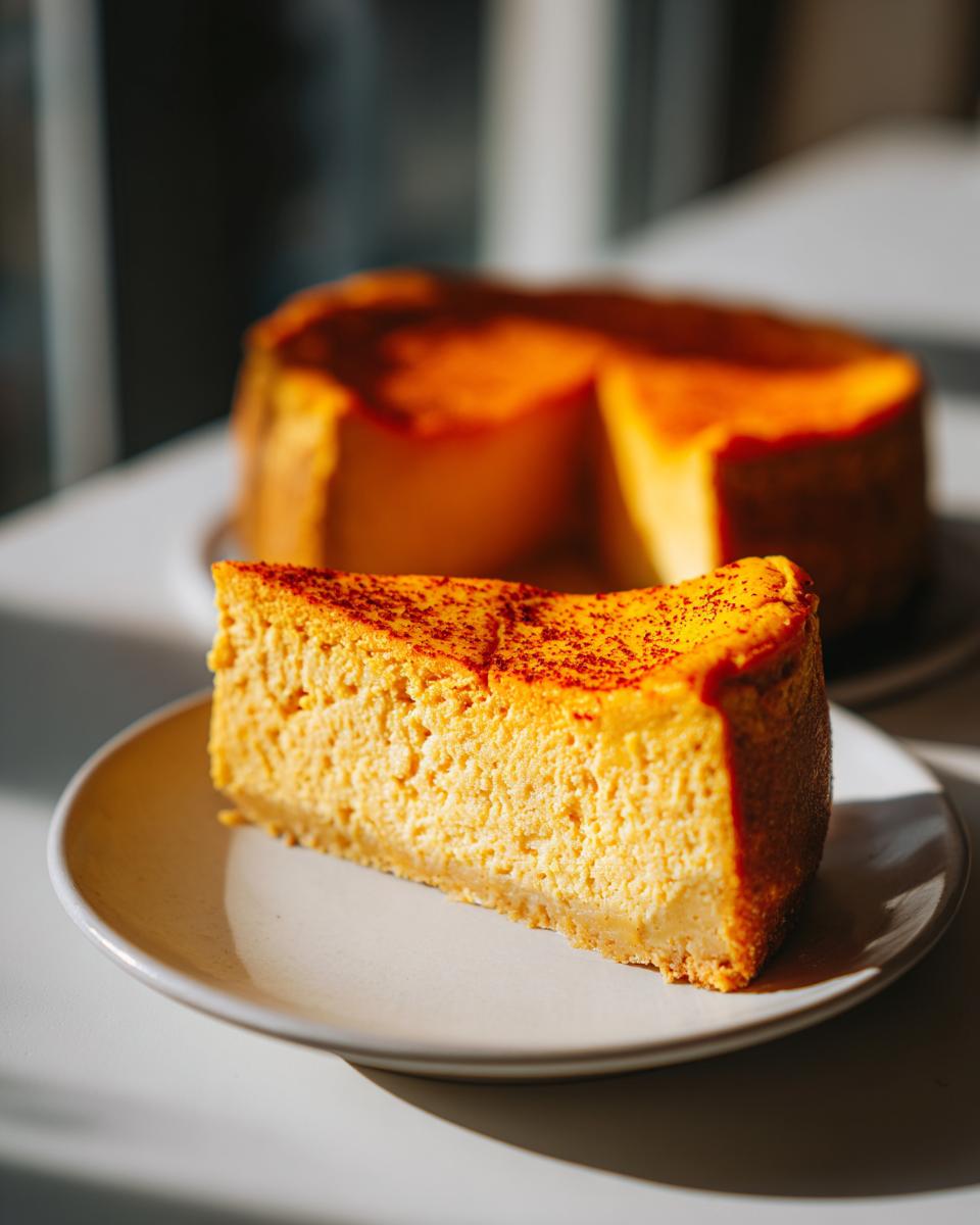 A close-up slice of rich, orange keto pumpkin cheesecake dusted with cinnamon, with the rest of the cake blurred in the background.