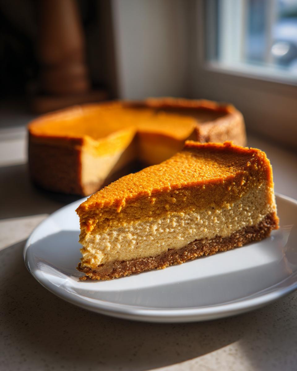 A perfect slice of keto pumpkin cheesecake with a dark crust, a creamy layer, and a vibrant orange pumpkin layer, sitting on a white plate.