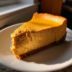 A rich, vibrant orange slice of keto pumpkin cheesecake with a dark crust sits on a white plate.