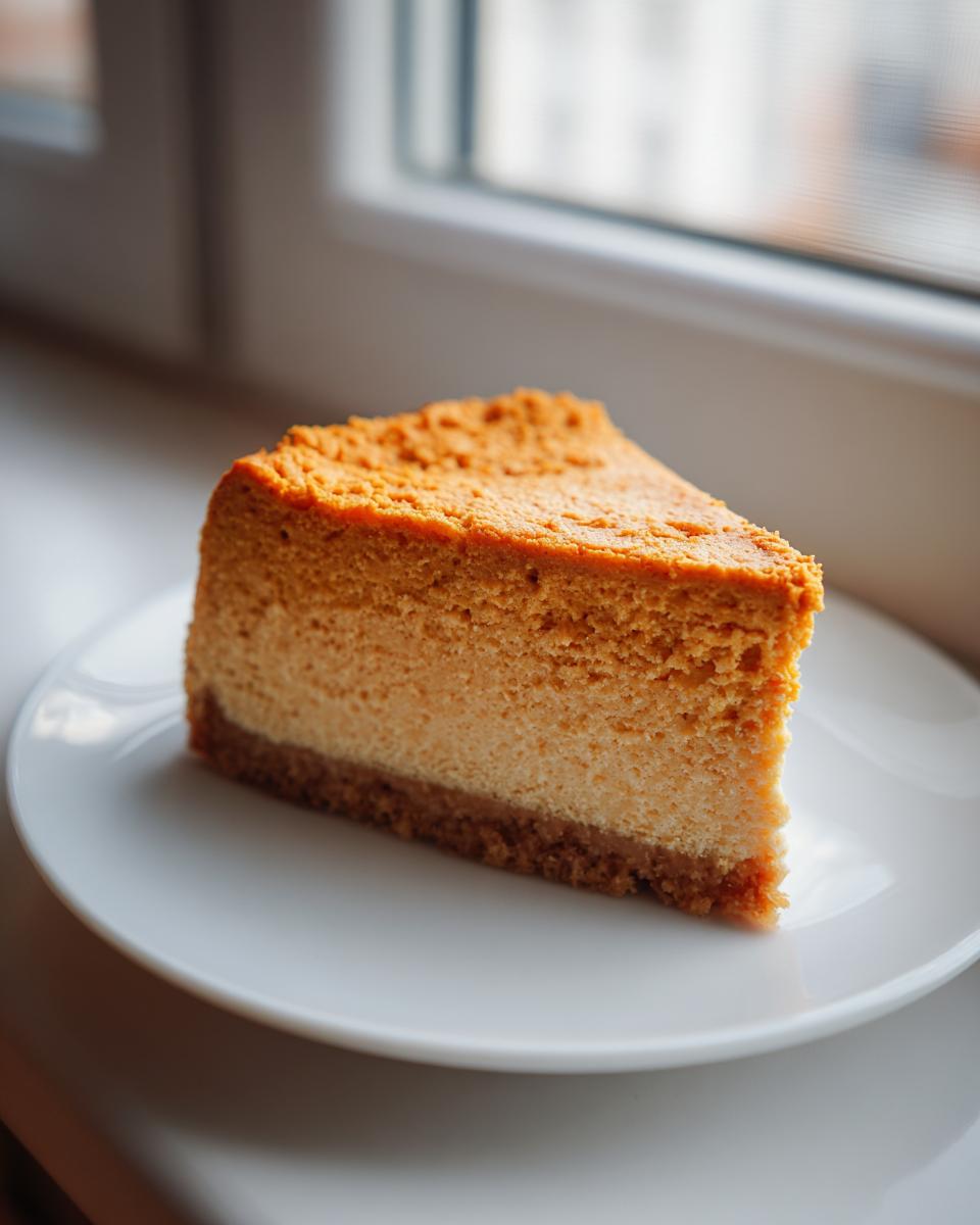 A single slice of rich, orange keto pumpkin cheesecake with a dark crust resting on a white plate near a window.