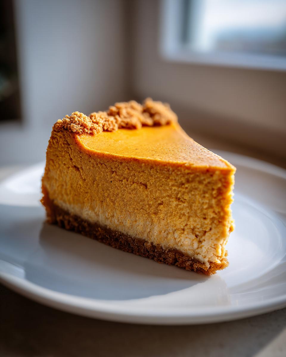 A single slice of rich, orange keto pumpkin cheesecake with a dark crust and crumb topping on a white plate.
