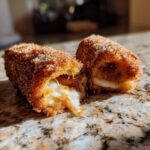 Close-up of a korean corn dog cut in half showing melted, stretchy cheese inside and a crispy, sugar-coated exterior.