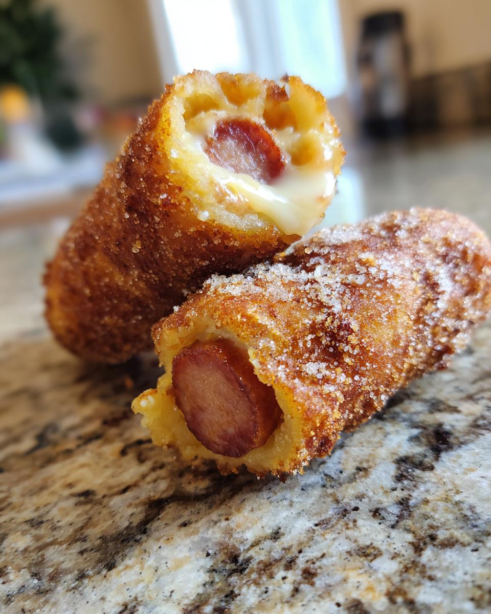Close-up of a korean corn dog cut in half showing a sausage and melted cheese interior, coated in sugar.