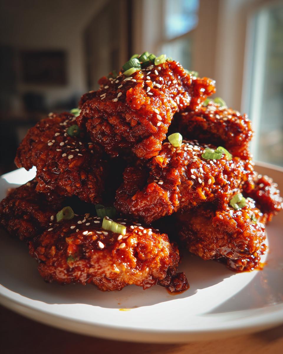A tempting stack of glossy, red-glazed korean fried chicken pieces garnished with sesame seeds and green onions.