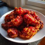 Close-up of crispy, glazed korean fried chicken recipe pieces piled high on a white plate.