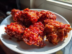 Close-up of glossy, bright red glazed Korean fried chicken recipe pieces served on a white plate.