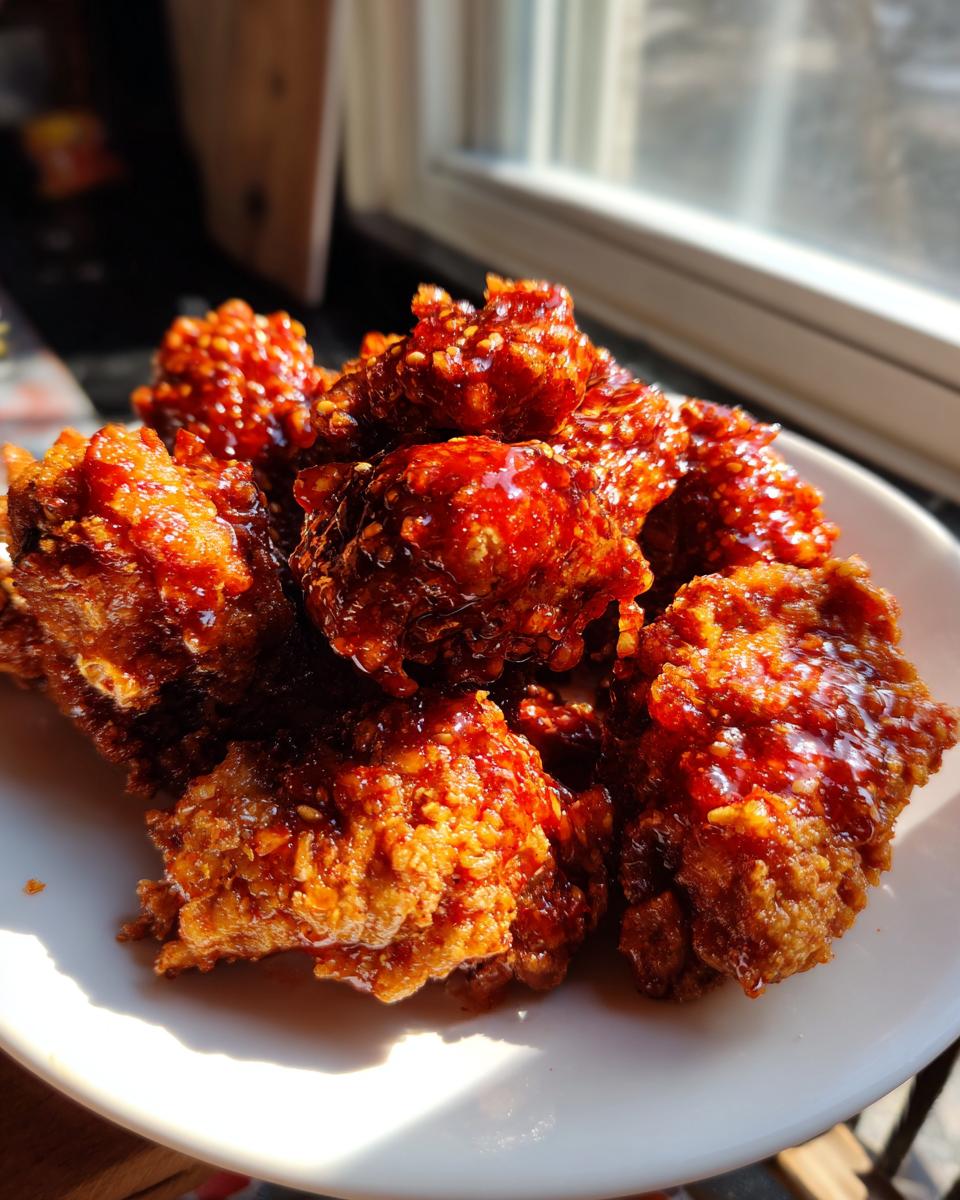 Close-up of crispy Korean fried chicken recipe pieces coated in a glossy, spicy red glaze, served on a white plate.