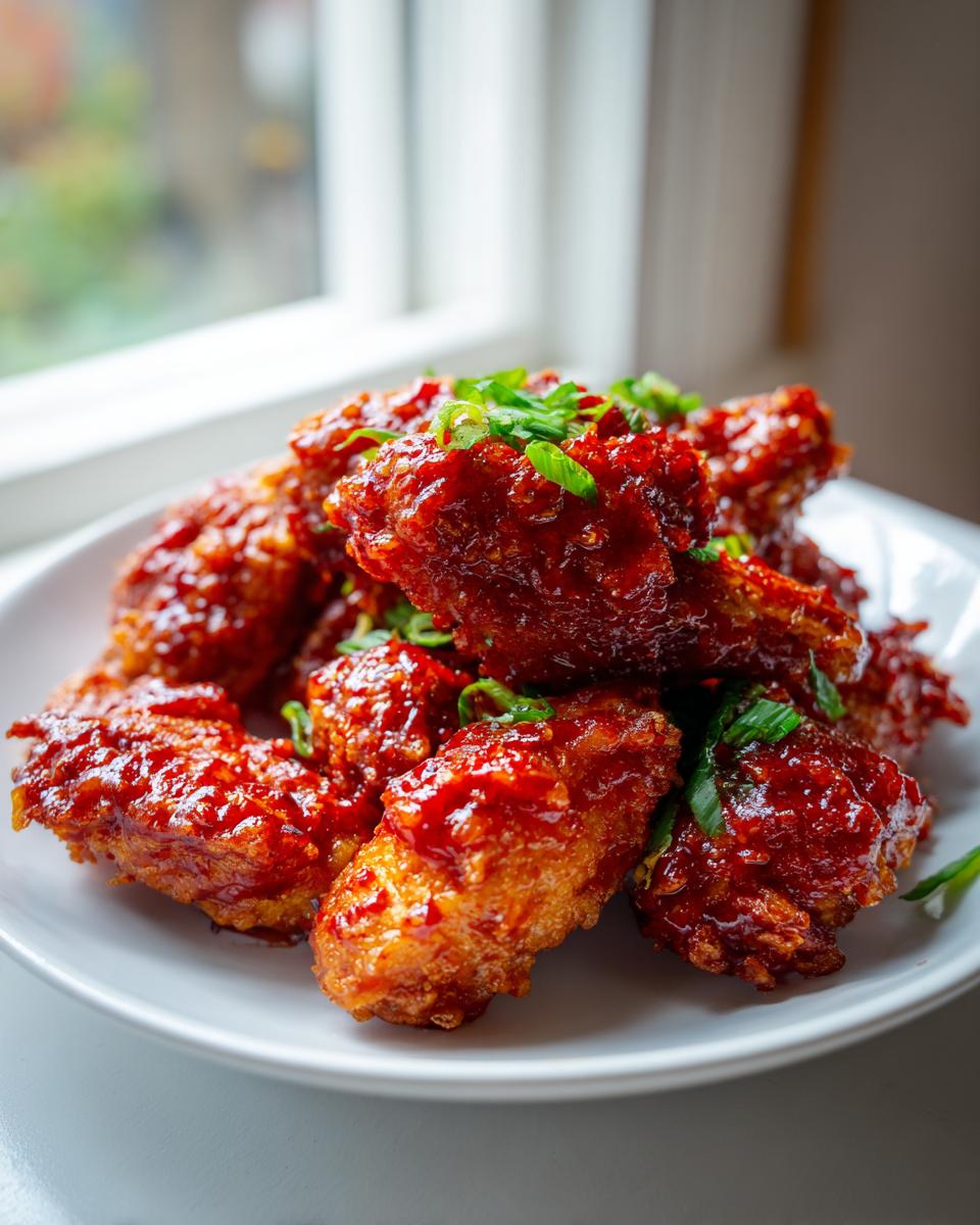 A pile of crispy, glazed Korean fried chicken recipe wings topped with chopped green onions.