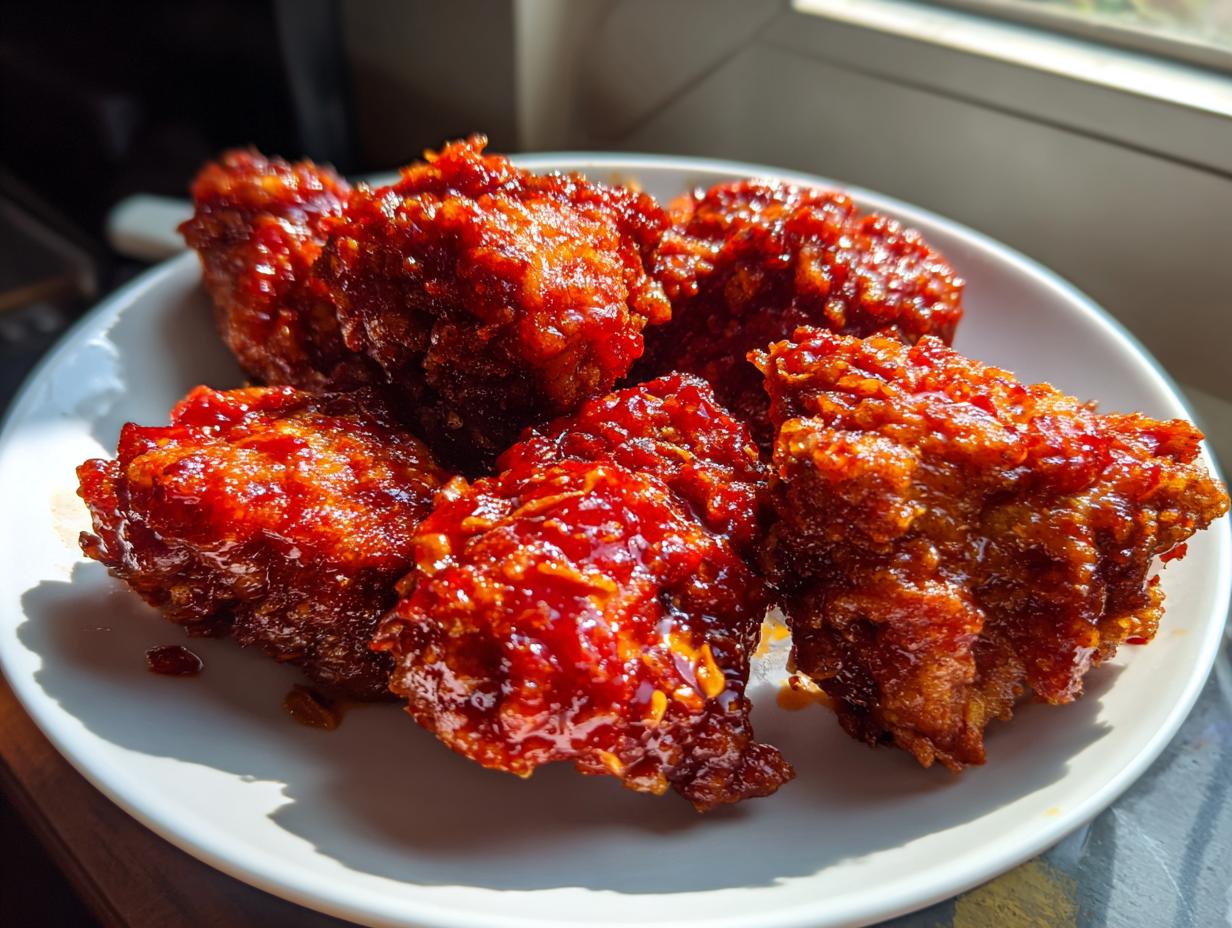 Close-up of glossy, bright red glazed Korean fried chicken recipe pieces served on a white plate.