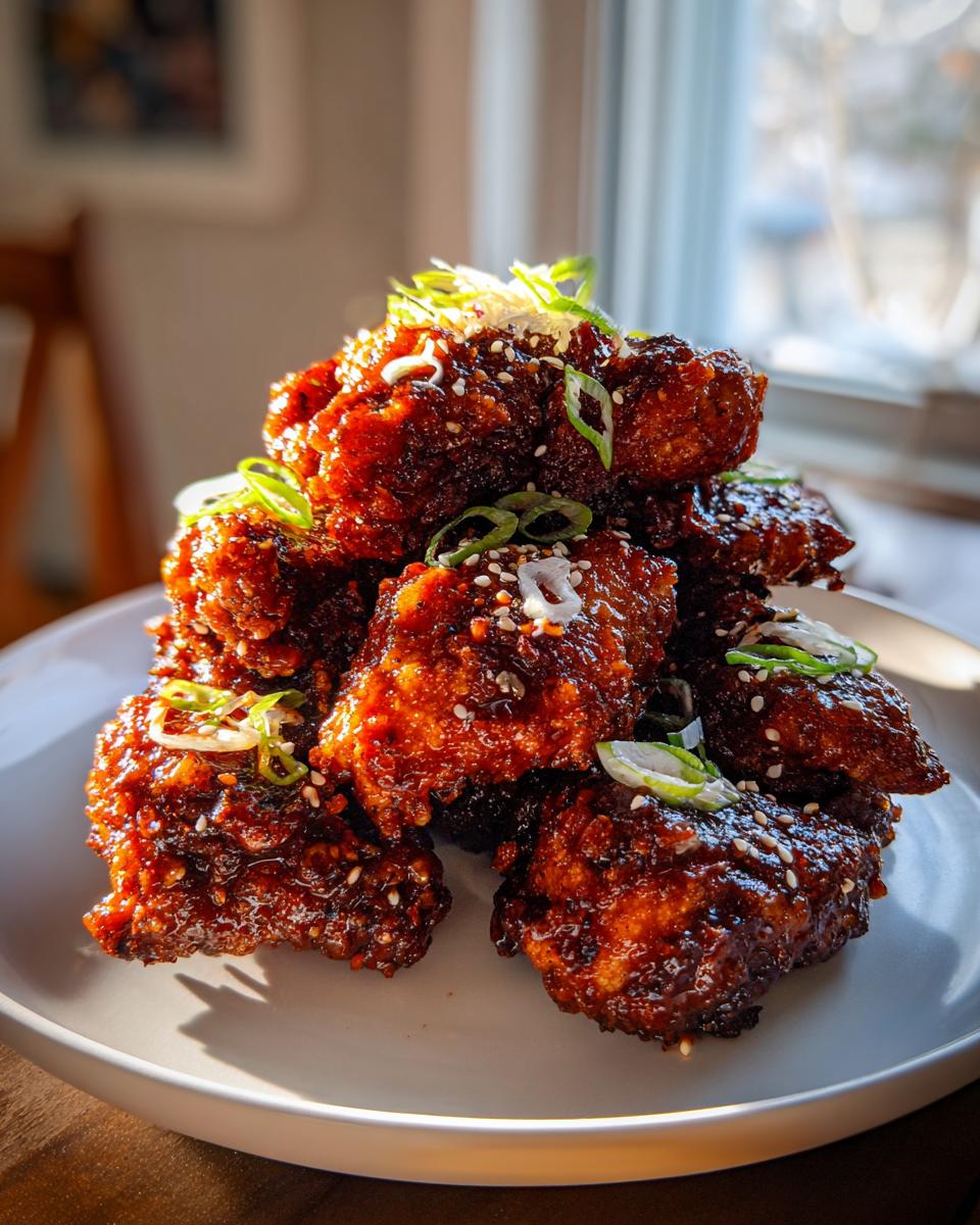 A tempting stack of glossy, dark red Korean fried chicken pieces garnished with sesame seeds and sliced green onions.