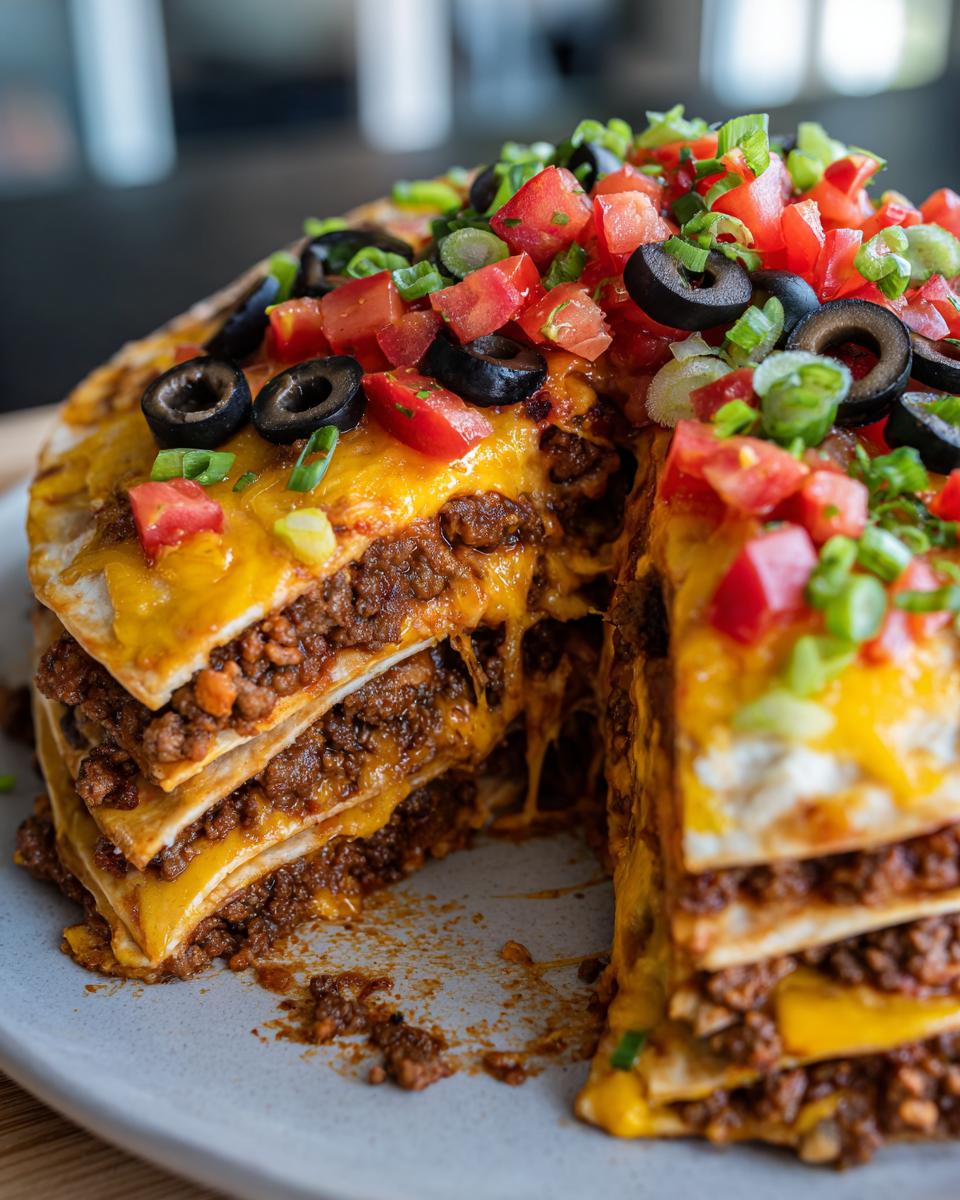 A tall, layered slice of Mexican pizza showing seasoned ground beef, melted cheese, and fresh toppings.
