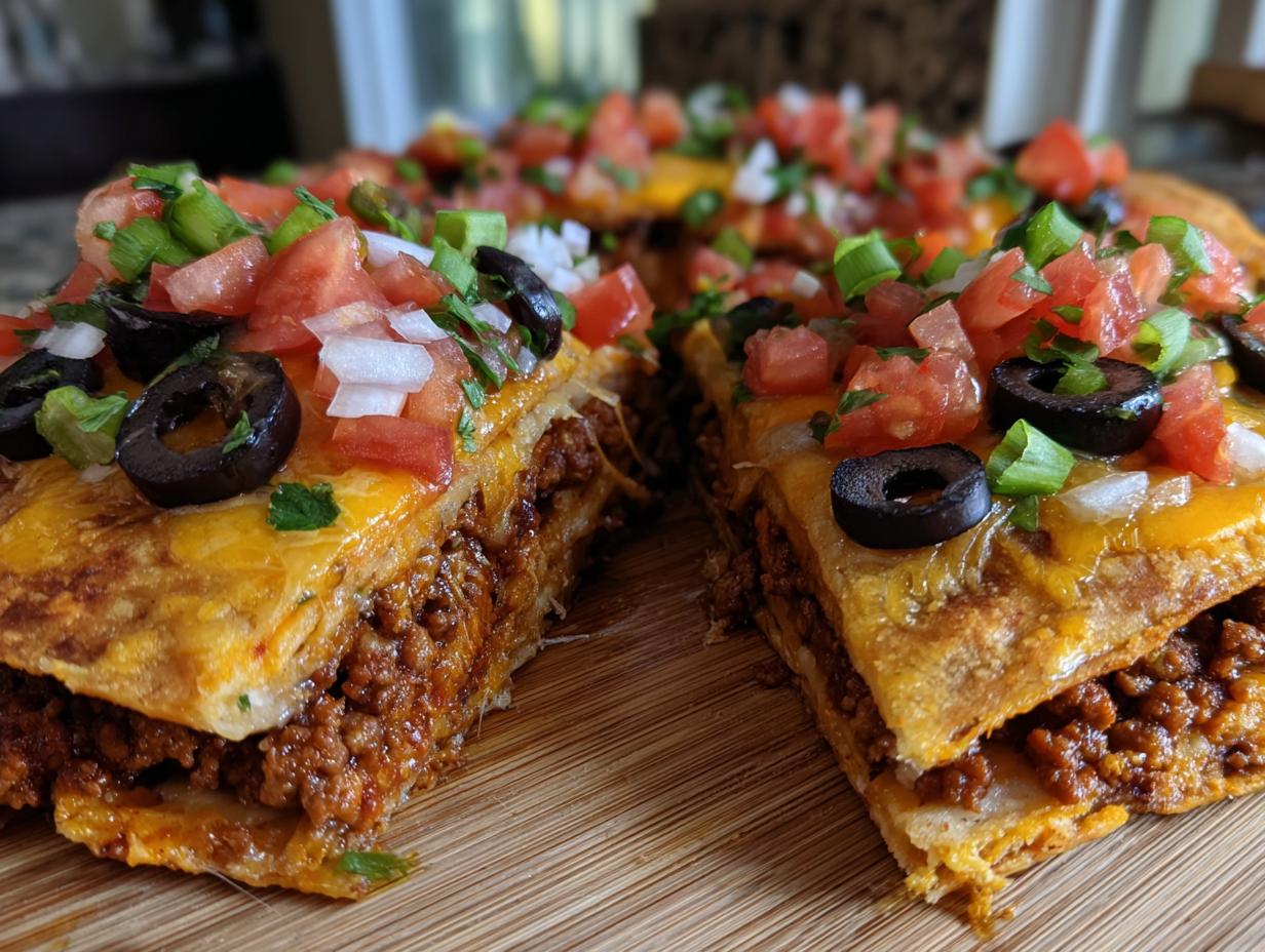 Close-up of a sliced Mexican pizza showing layers of seasoned ground beef, melted cheese, and fresh toppings.