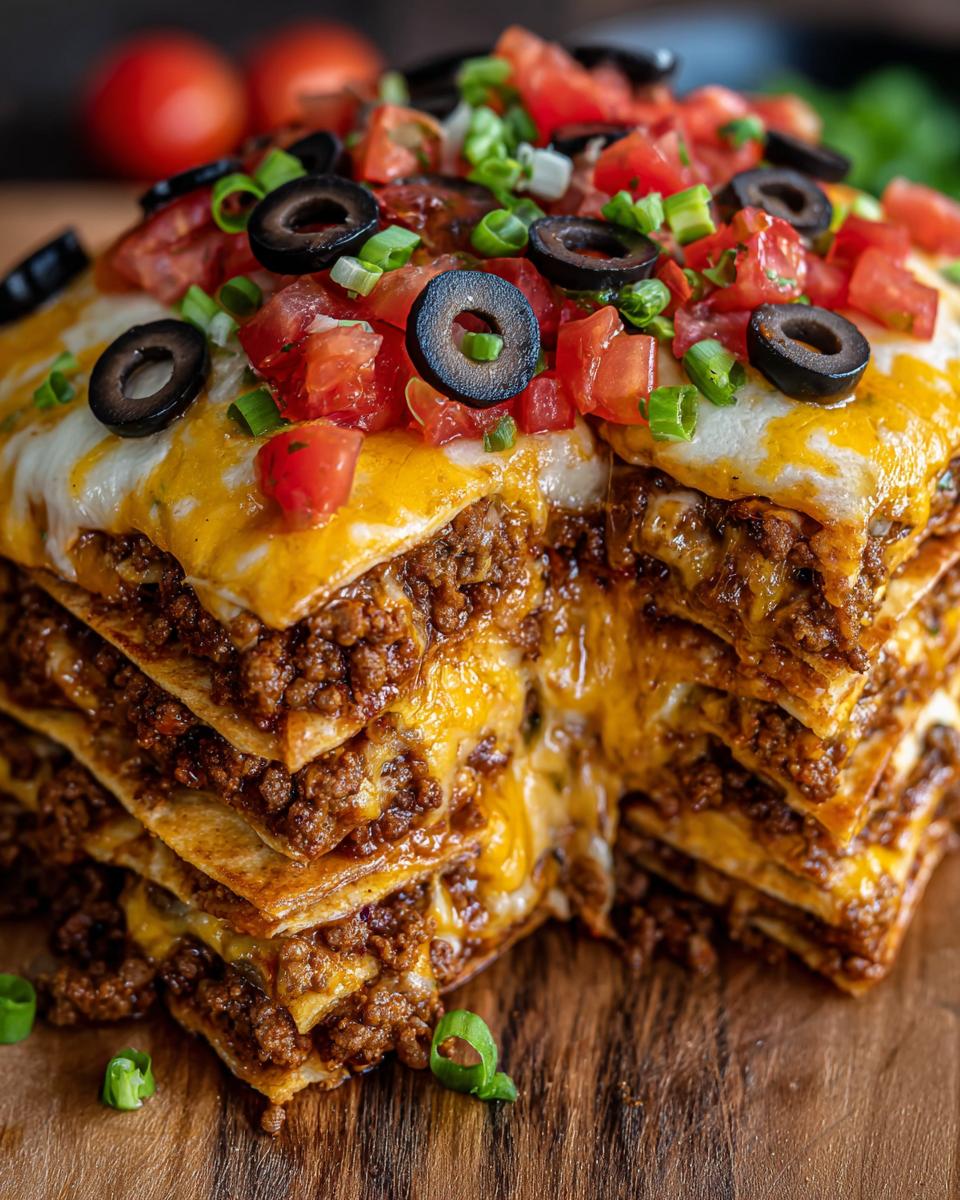 A tall, layered mexican pizza made with tortillas, seasoned ground beef, melted cheese, and topped with tomatoes, black olives, and green onions.