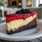 A decadent slice of layered red velvet cheesecake featuring a dark crust, white cheesecake layer, and bright red topping, garnished with chocolate crumbs.