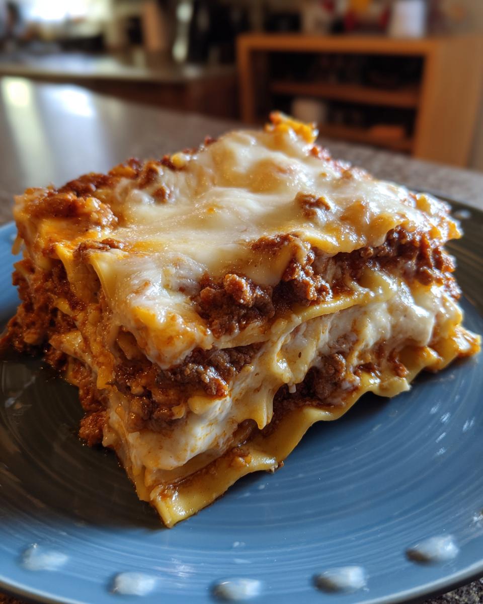 A close-up of a thick, layered slice of lazy lasagna served on a blue plate, showing meat sauce and melted cheese.