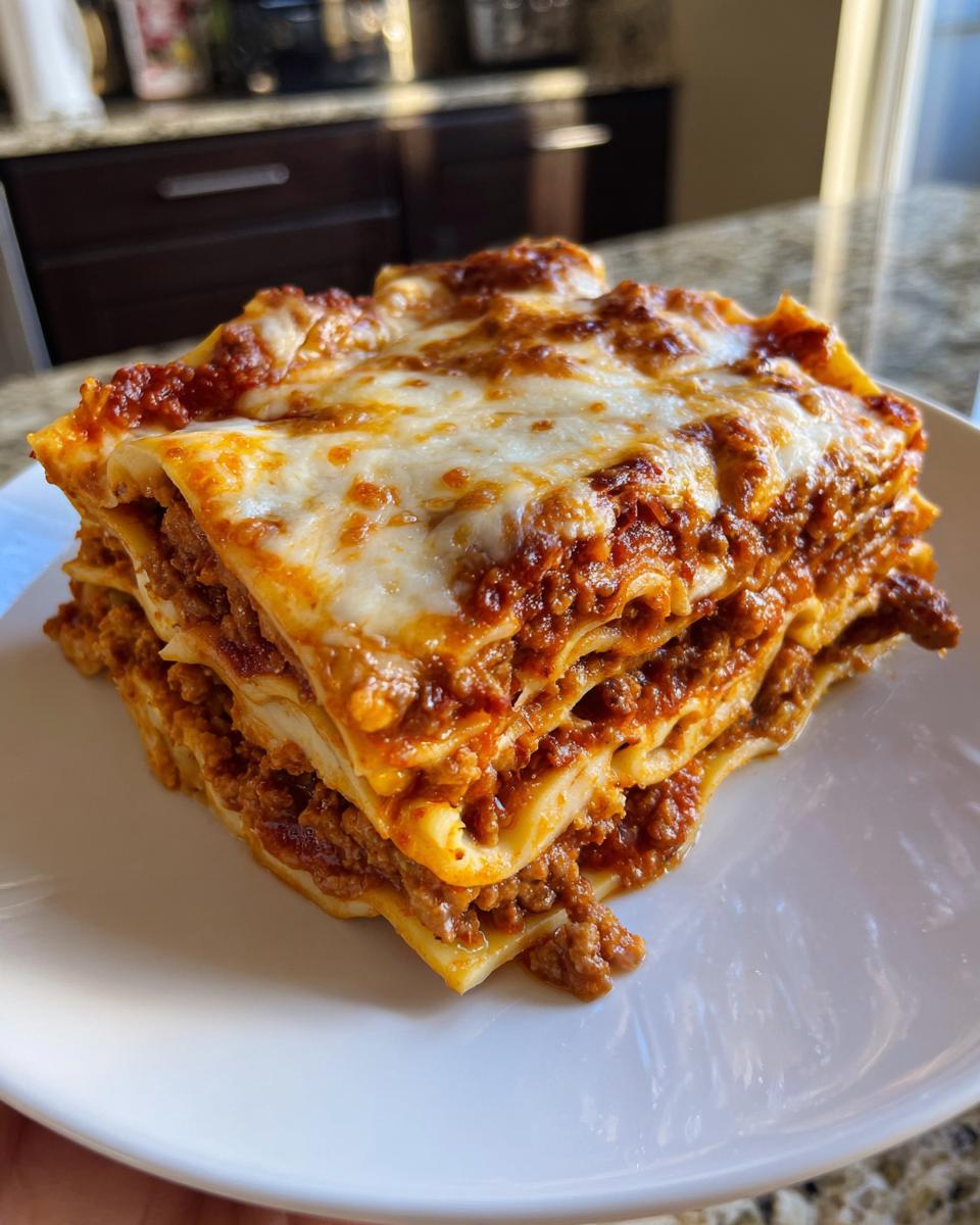 A tall, layered slice of lazy lasagna topped with bubbly, melted mozzarella cheese on a white plate.
