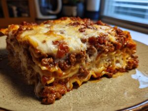 Close-up of a thick, cheesy slice of lazy lasagna with rich meat sauce layers.