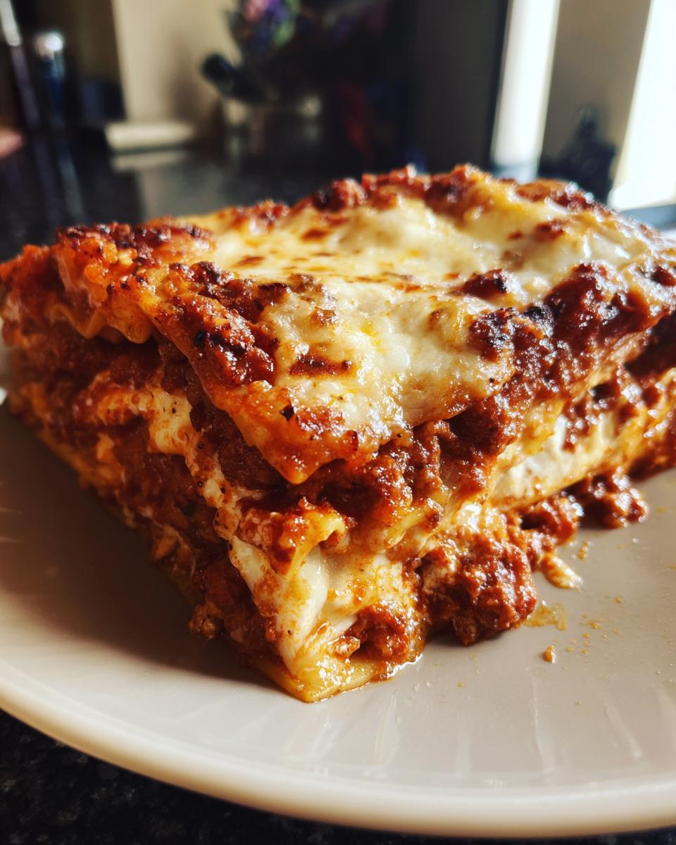 Close-up of a thick slice of lazy lasagna with rich meat sauce and melted, bubbly cheese topping.