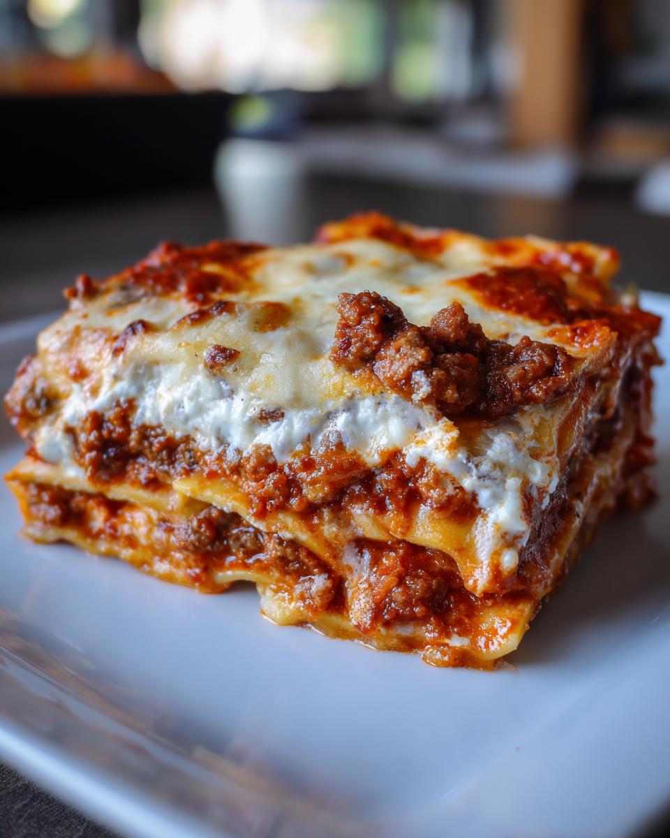 Close-up of a thick, layered slice of lazy lasagna with rich meat sauce and melted cheese on a white plate.