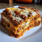 A thick, juicy slice of lazy lasagna featuring layers of pasta, rich meat sauce, and melted cheese.