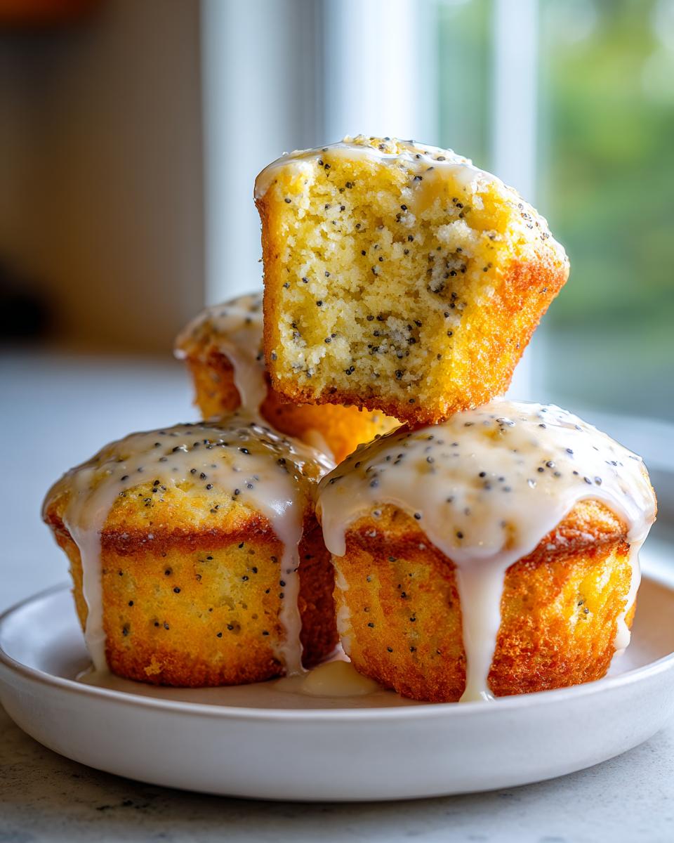 Close-up of three glazed lemon poppy seed muffins stacked, with one cut open showing the moist crumb.
