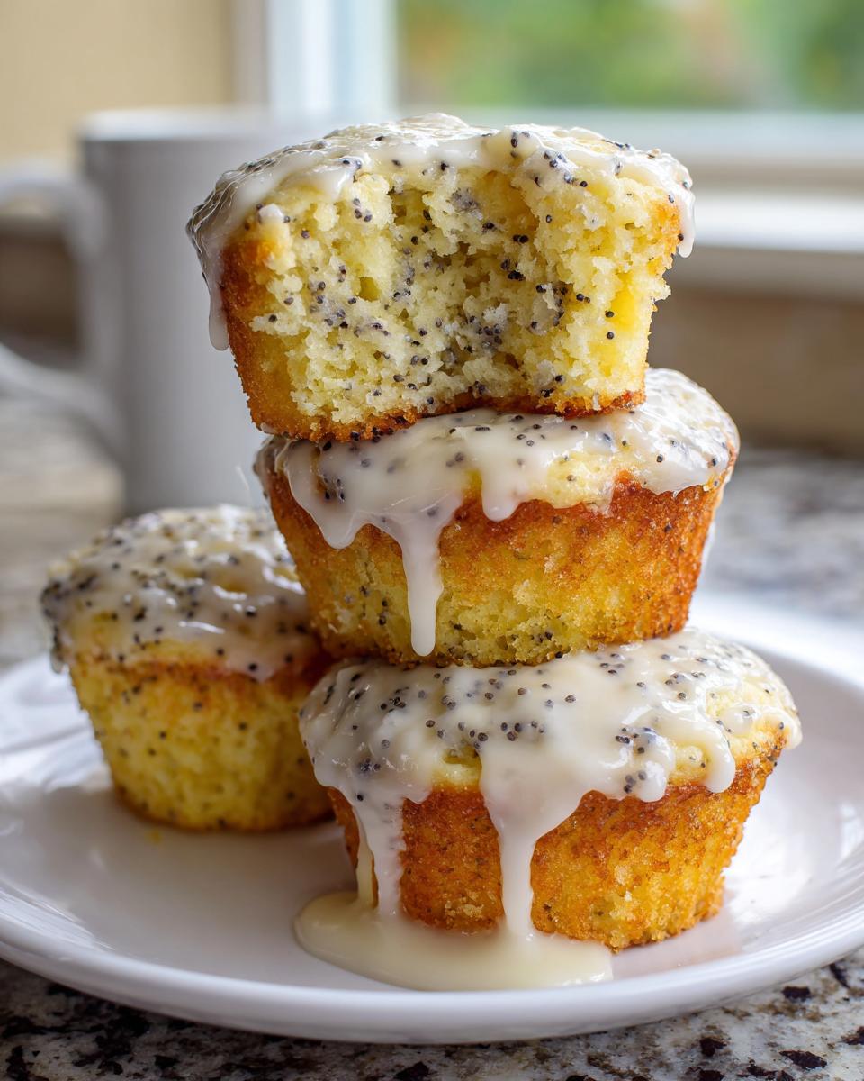 A stack of three moist lemon poppy seed muffins topped with dripping white glaze, one muffin is broken open.