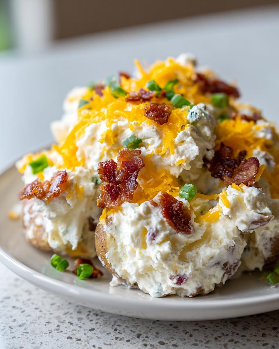 Close-up of loaded baked potato salad stuffed into potato skins, topped with shredded cheddar, bacon bits, and green onions.