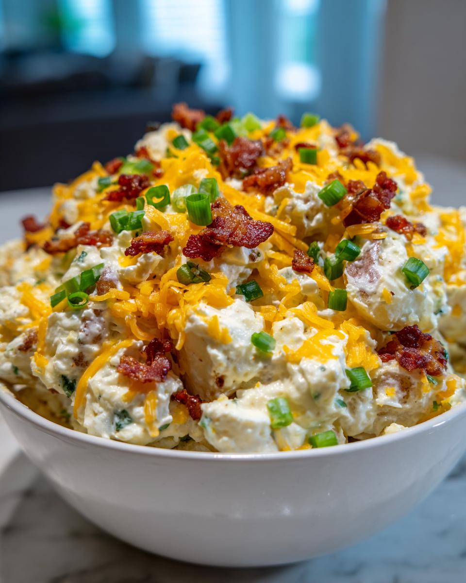 A large white bowl filled with creamy baked potato salad topped generously with shredded cheddar cheese, bacon bits, and sliced green onions.