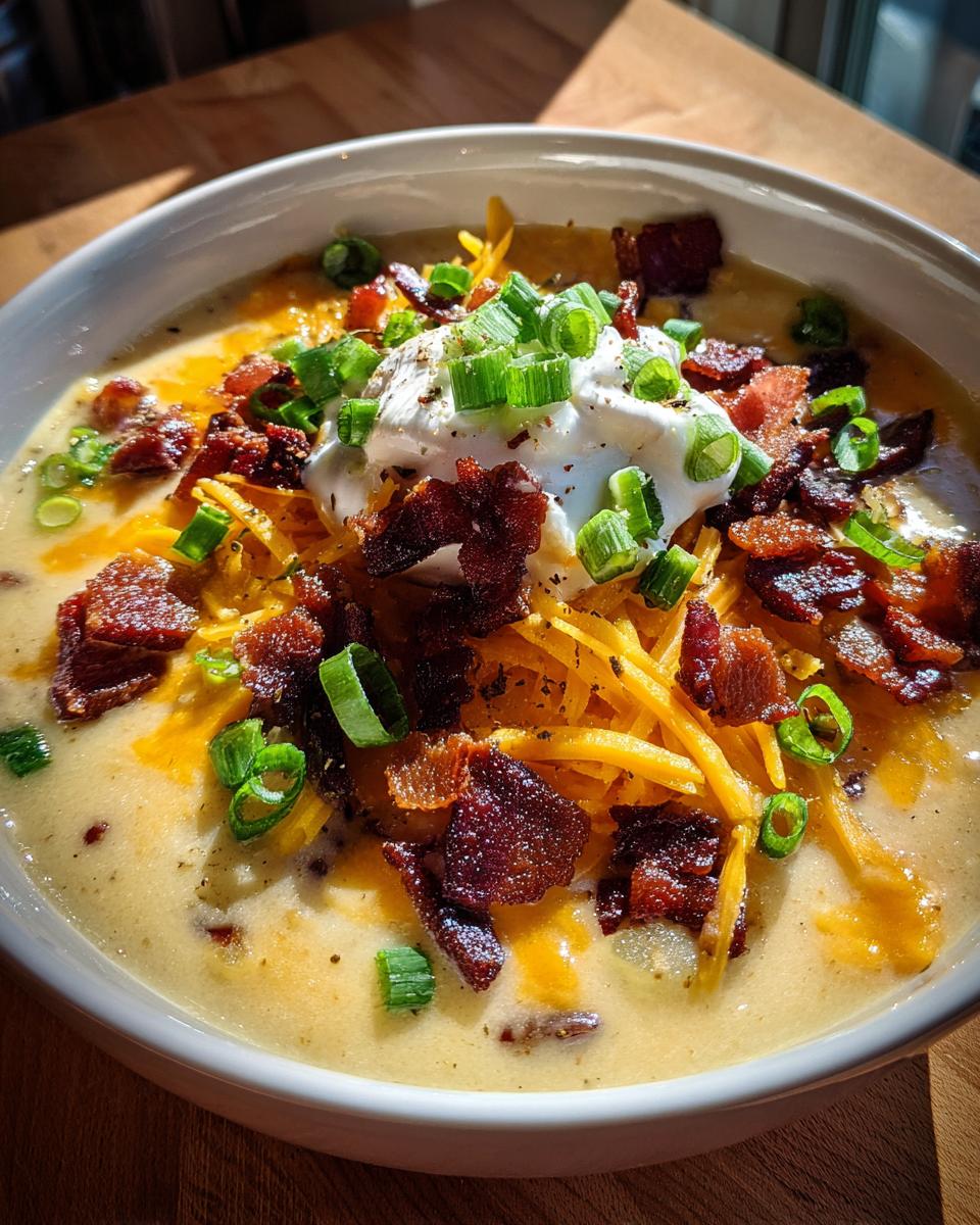Close-up of a creamy, loaded potato soup recipe topped with sour cream, bacon bits, shredded cheese, and green onions.